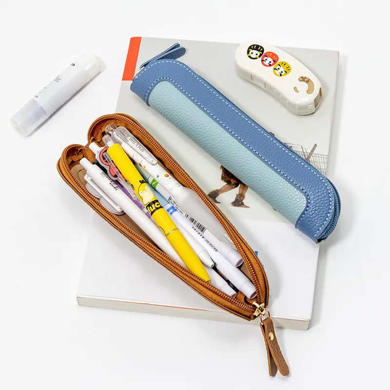 

Color matching PU leather pencil bag Signed pen protective case Student mini cute stationery bag Boy business convenient pen bag