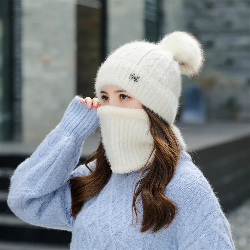 Beanie Hats for Women Winter Hat Suit Neck Bbig Size Skullies Ski Mask Thick Fur White Black Casual Luxury Hat шапка женская New