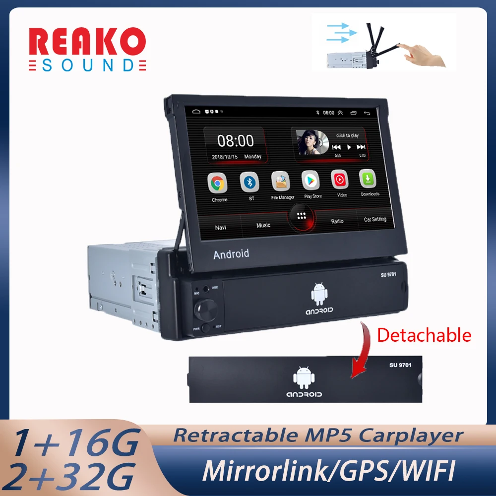 

REAKOSOUND Android 11 1 Din Car Radio GPS Navigation 7" HD Retractable Screen Multimedia Video Player For Universal