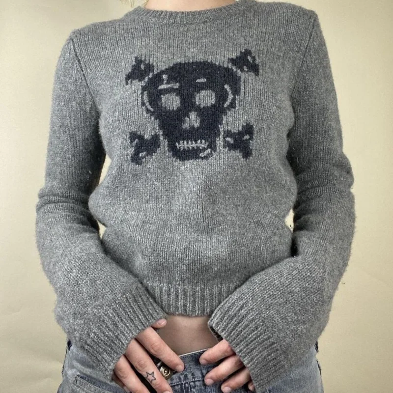 

Hikigawa шикарный модный женский Харадзюку Темный панк стиль вязаные черепа Y2k винтажный свитер уличная одежда повседневные пуловеры женский топ