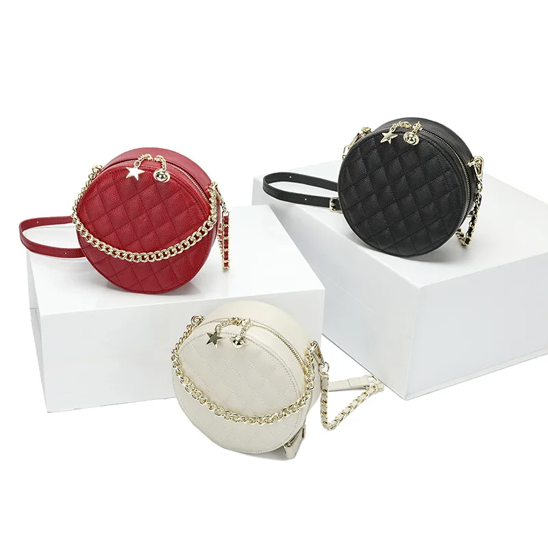 

P367 First Layer Leather Small Round Embroidered Rhombus Chain Shoulder Crossbody Bag
