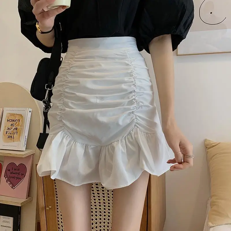 

Skirts Women Solid A-line Summer Mini Hem Ruffles New Ulzzang Chic Ruched All-match High Waist Hot Selling Lovely Girls Elegant