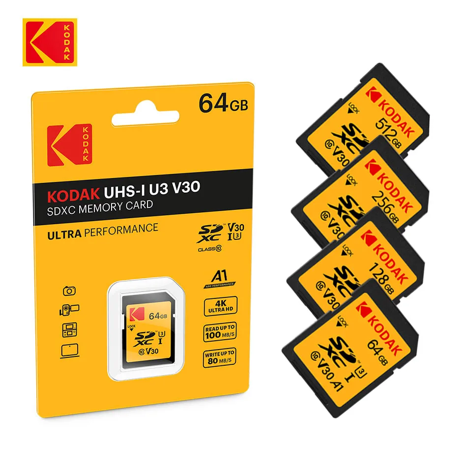 

SD-карта KODAK C10 V30 U3, 100 флэш-карта 16/32/64/128/256 ГБ SDXC SDHC класс 10, карта памяти для цифровой зеркальной камеры