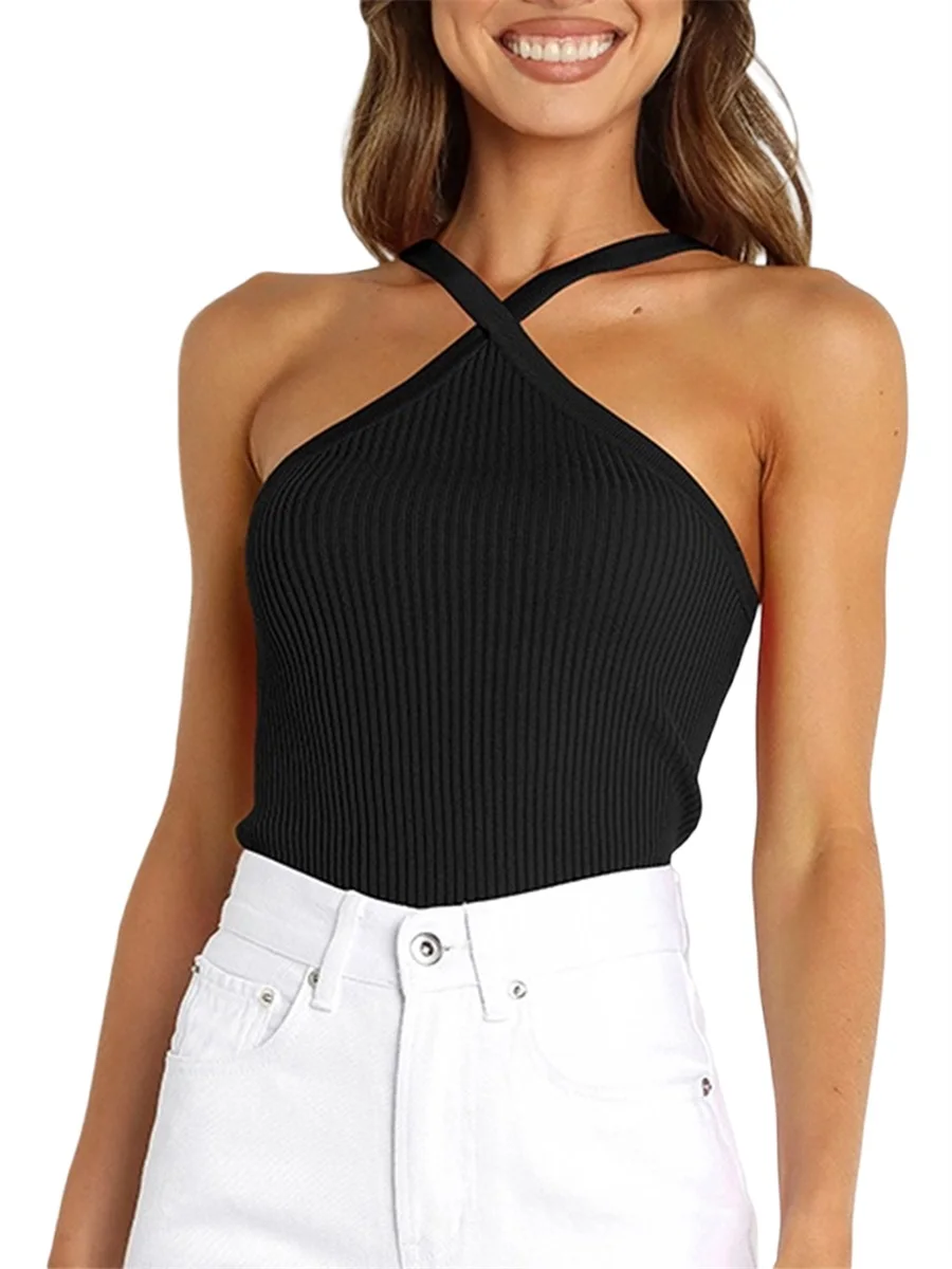 SpaoPajamas Slim Fit Sleeveless Ribbed Knit Criss Cross Halter Cami Top with Spaghetti Straps and Backless Design for Women SpaoPajamas Slim Fit Sleeveless Ribbed Knit Criss Cross Halter Cami Top with Spaghetti Straps and Backless Design for Women