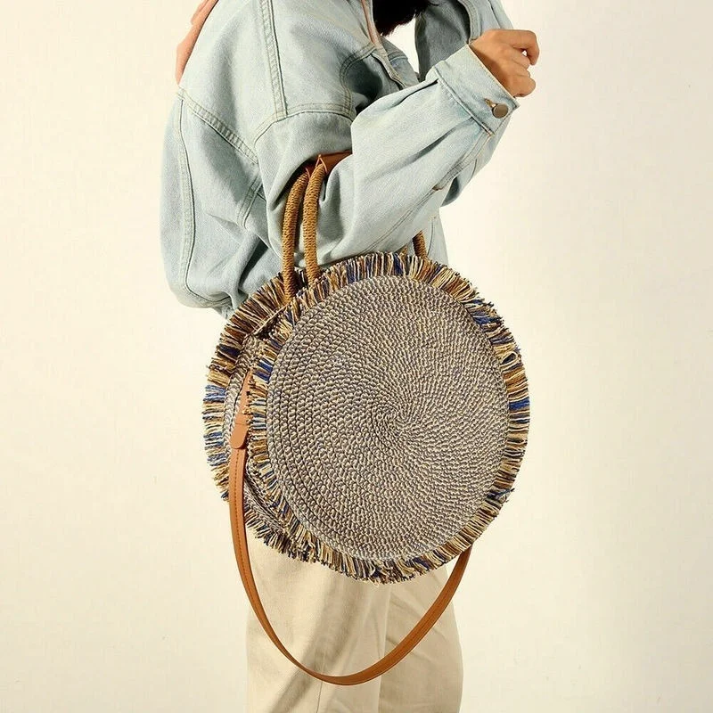 

Плетеная Сумка-тоут на ремне для женщин, модный пляжный соломенный Повседневный плетеный мешок из ротанга, круглая сумка на лето