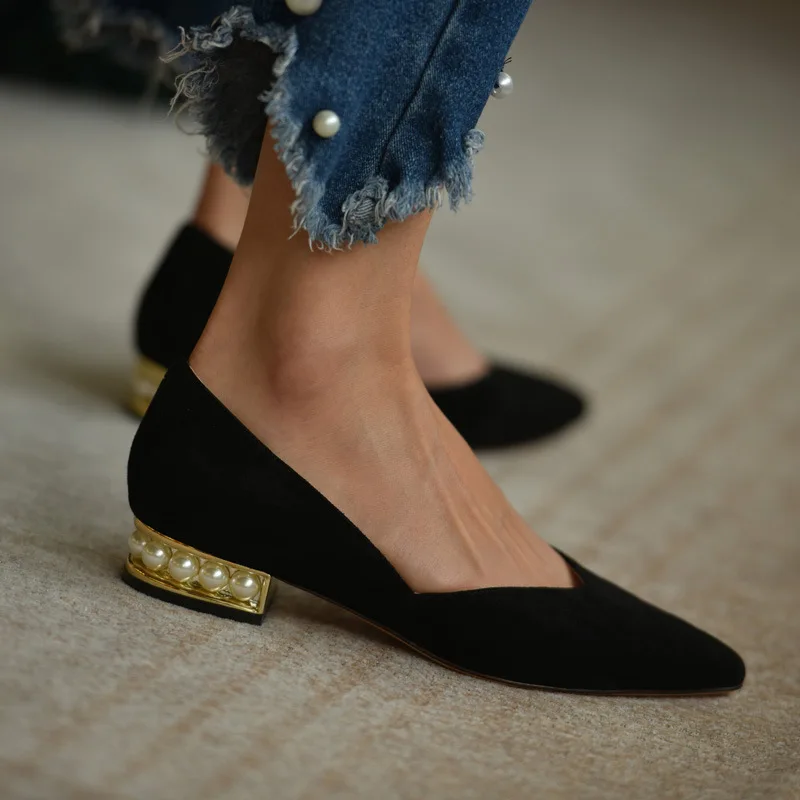 

2022 New Spring Autumn Women Flats Pearl Heeled Slip on Shoes Woman Ballet Flats Pointed Toe Dress Shoes Faux Suede Ladies Shoes