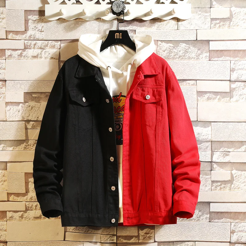 

Jeans Coats for Men Classic Black Red Color Contrast Denim Jackets Rose Embroidery High Streetwear Skateboard Boys Outwear 3XL