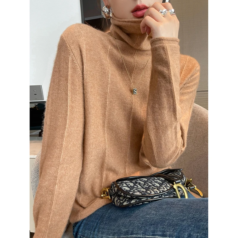 

Autumn New Ladies Pure Wool Pile Neck Pullover Vertical Striped Knitted Cashmere Sweater Slim-Fit Commuter Girl Clothes Lady To