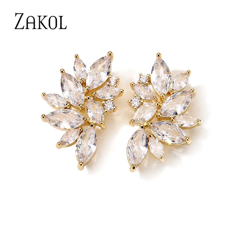 

ZAKOL Classic Luxury Shiny Clear Color AAA Cubic Zirconia Symmetrical Flower Stud Earrings Glamour Bridal Earring Jewelry EP5270