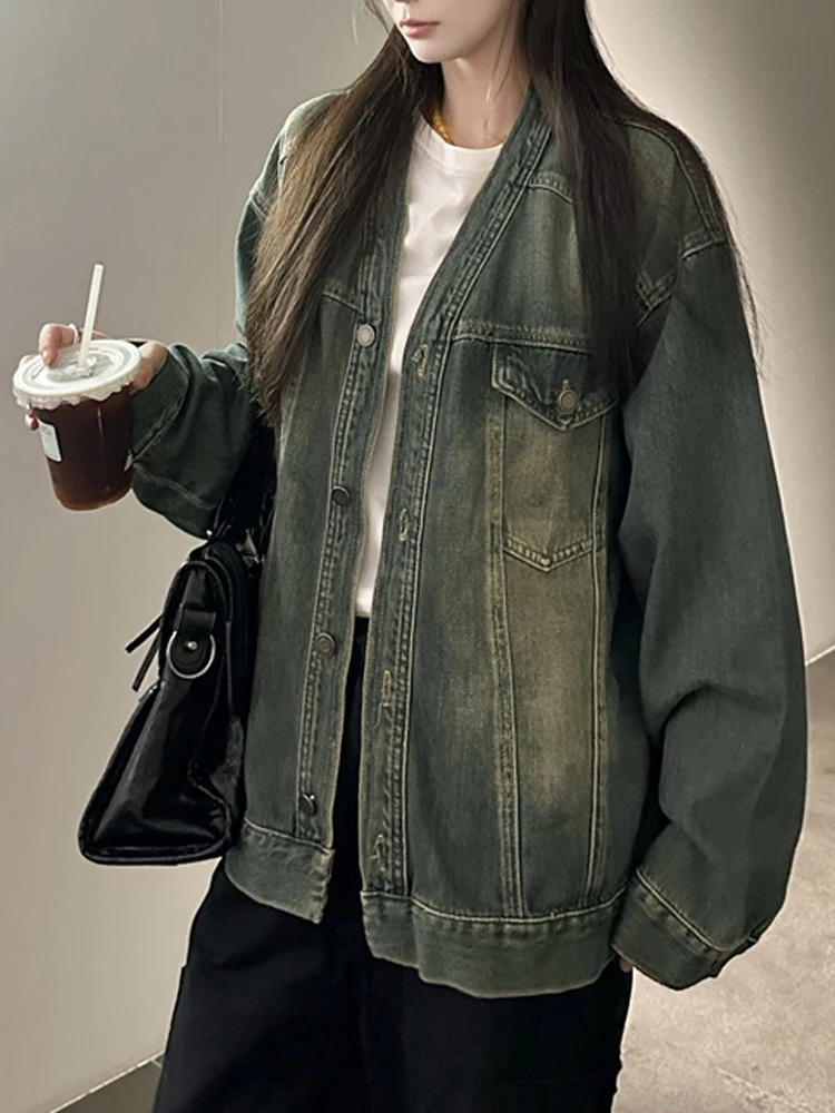 Голубая джинсовая куртка в стиле ретро без воротника женское свободное