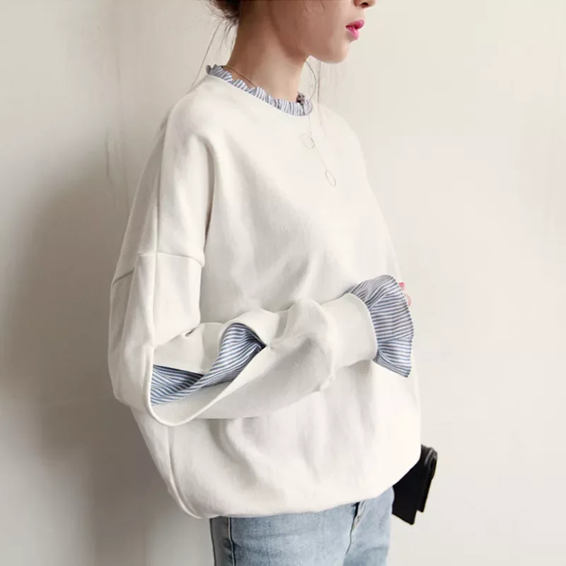 

Casual O Neck Women Sweatshirt Fashion Patchwork Loose Long Sleeve Student Pullover Tops Designed Korean Fall Thin Coat