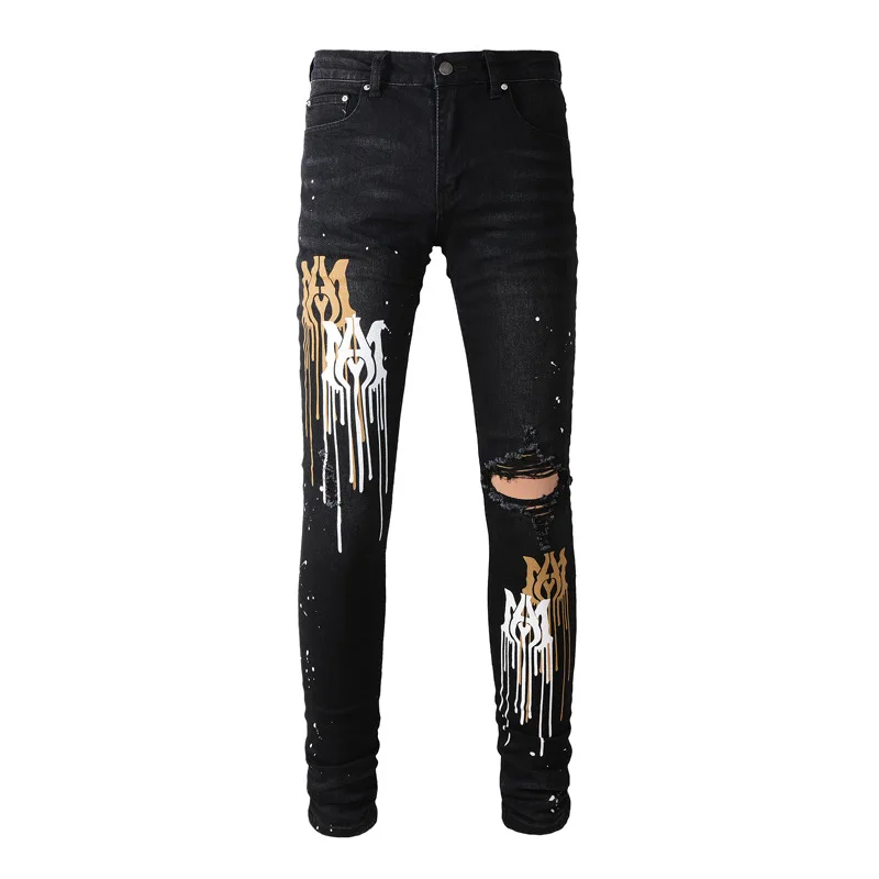 High Street Tide Brand New Black Washed Hole Patch Print Slim Fit Small Feet Trend High-End Pencil For Jeans Men