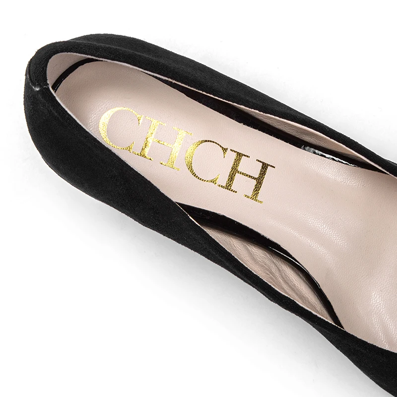 2023CHCH black high heeled shoes women's leather shoes business commuter spring and summer casual shoes single shoes suede fabri