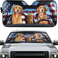 happy golden retriever dog family american flag car sunshade golden retriever driving in usa flag auto sun shade for sun block