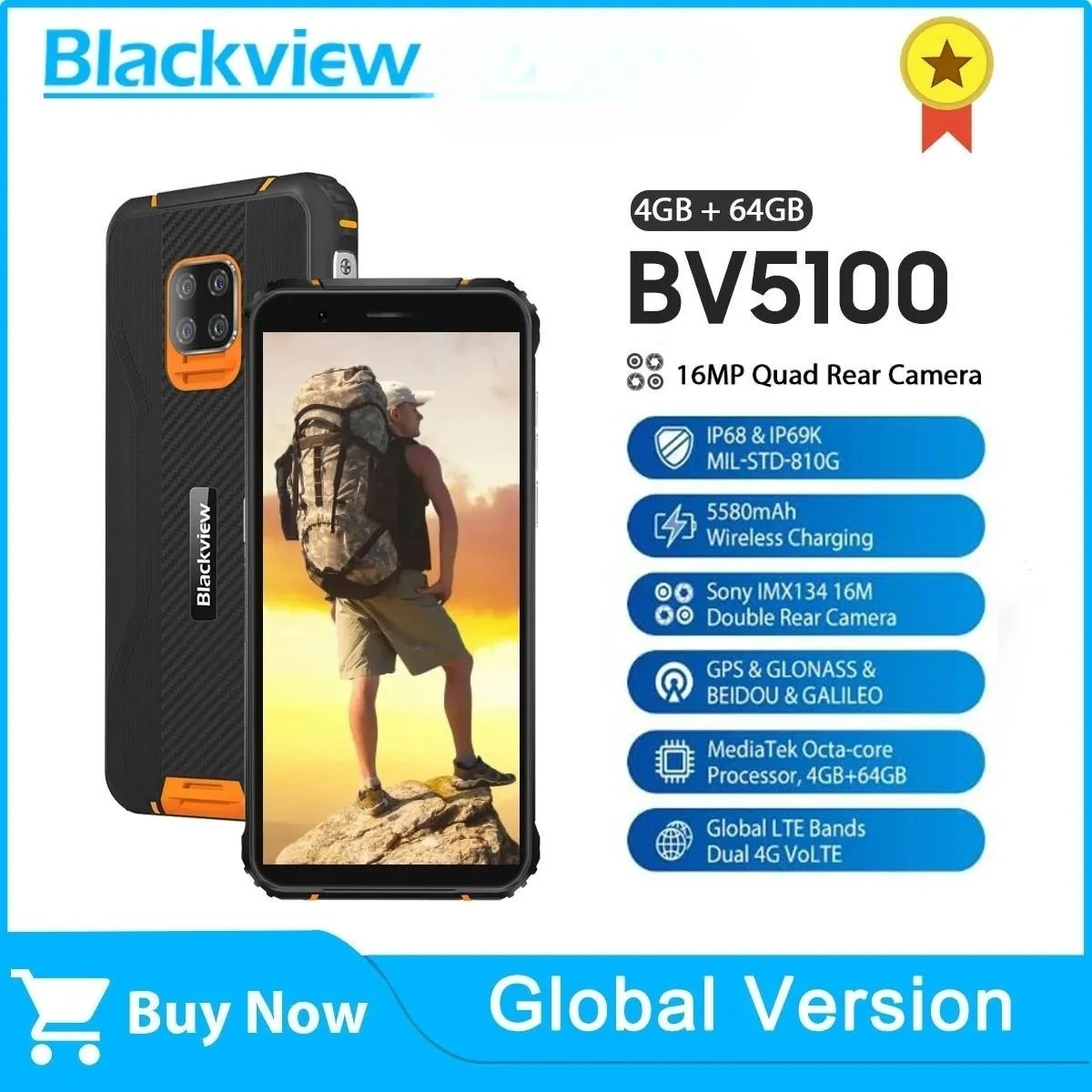 

Blackview BV5100 IP68 Waterproof Rugged Smartphone 4GB+64GB Mobile Phone 5580mAh 5.7" 16MP NFC Android 10 Global Version