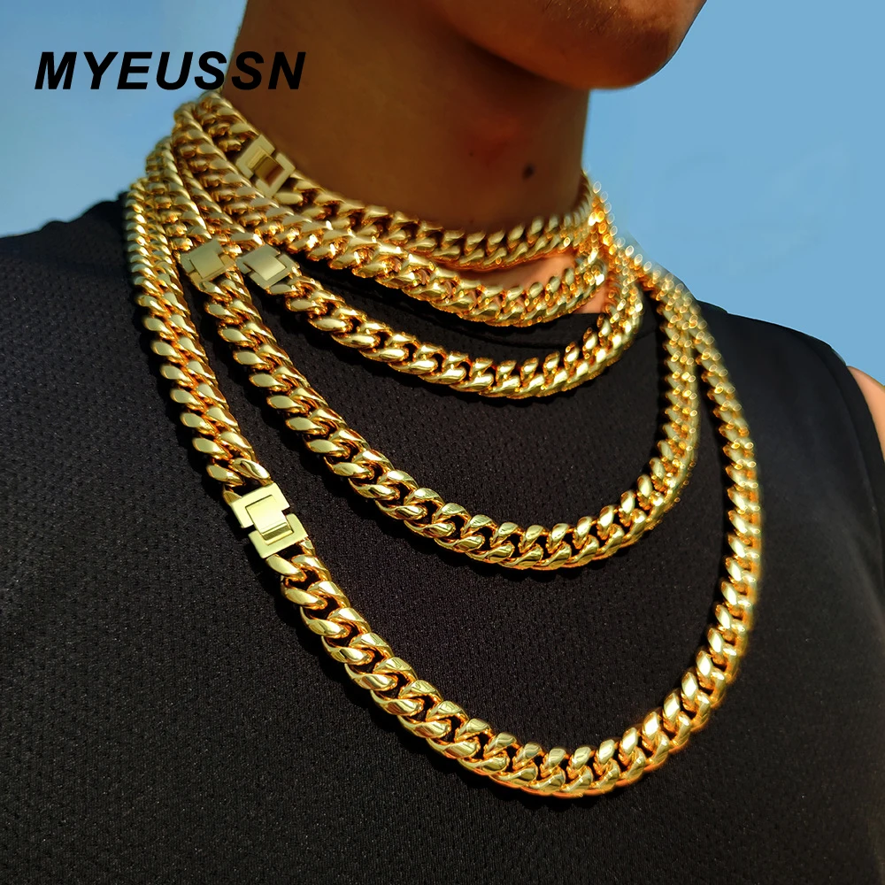 New Hip-Hop 6mm-12mm Curb Cuban Link Chain Gold Color Stainless Steel Necklace For Men and Women Bracelet Suit Fashion Jewelry