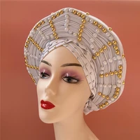 ulifelace african white sego gel headgear aso oke ebi with gold beads and stones embroidered voile cotton turban headscarf se057