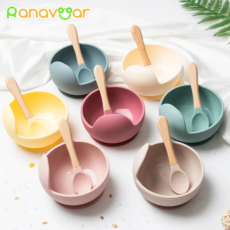 2PCS/Set Silicone Baby Feeding Bowl Tableware For Kids Waterproof Suction Bowl With Spoon Children Dishes Kitchenware Baby Stuff