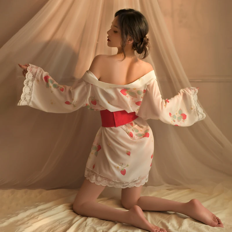 Sexy Bathrobe Women Sleepwear Kawaii Lingerie Transparent Kimono Pajamas Passion Seduction Bridal Robe Uniform Lace Night Dress