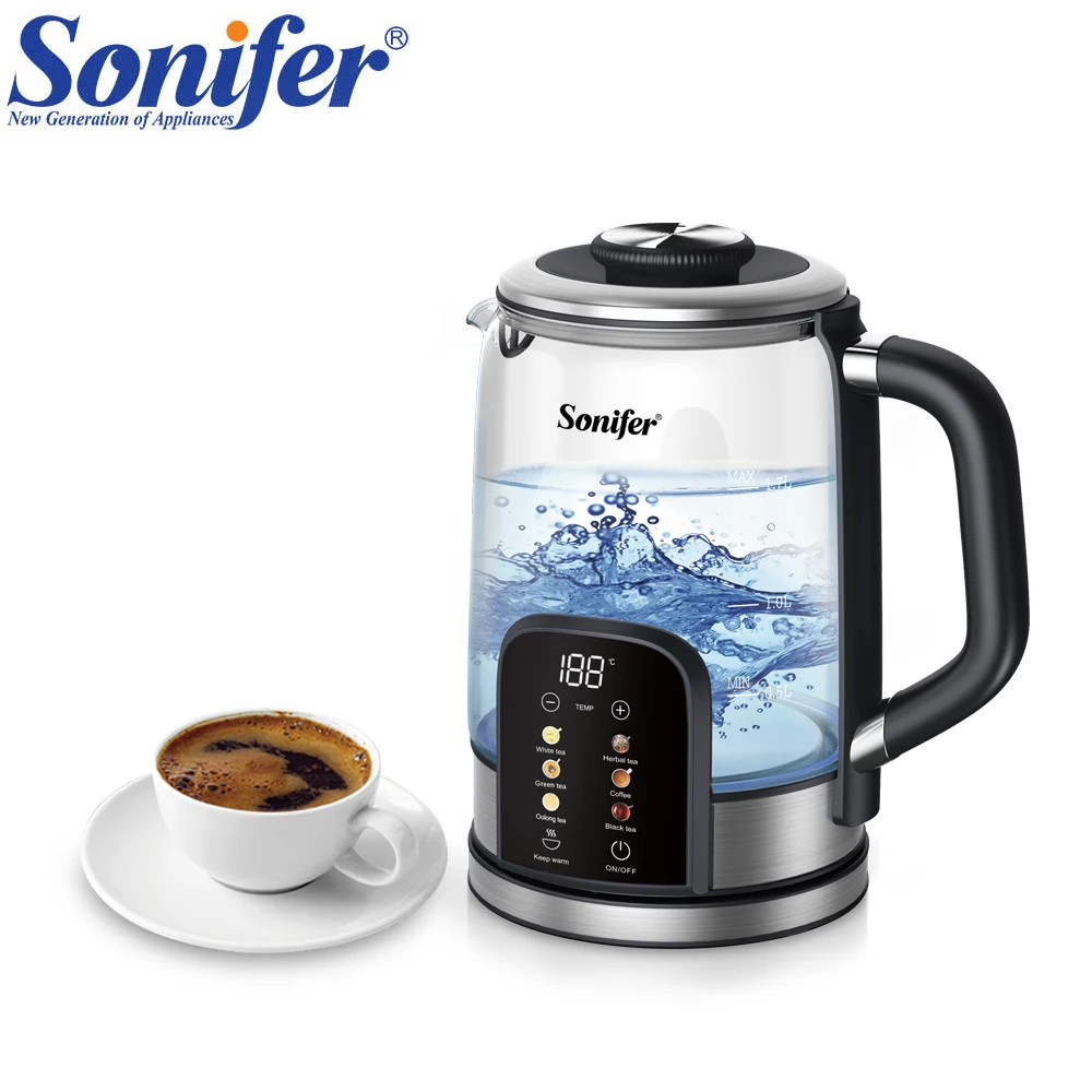 Фото Стеклянный электрический чайник Sonifer 1,7 л, чайник с цифровым контролем температуры, 6-ступенчатый нагрев, сохраняет тепло, быстрая кипячение 2200 Вт №1