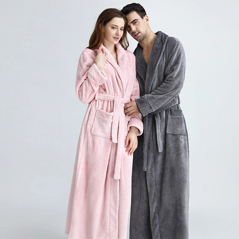 

Extra Long Plus Size Winter Warm Coral Fleece Bathrobe Women Men Flannel Dobby Kimono Bath Robe Bridesmaid Dressing Gown Wedding