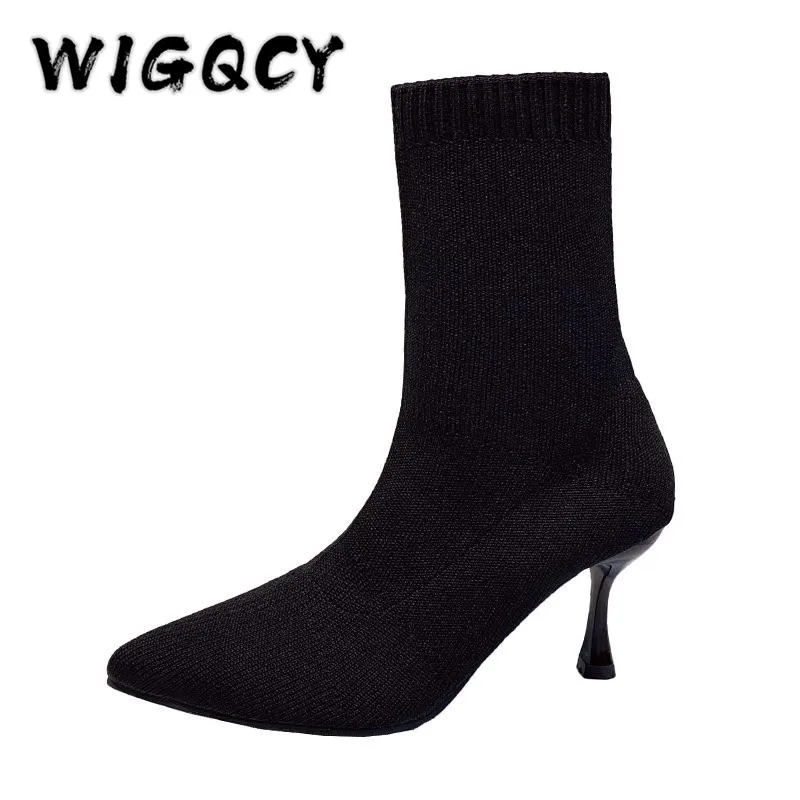 Socks Boots Women Stretch Fabric Elastic Stilettos Heel Sexy Pointed Toe Ankle Boots Slip-On Shoes Woman Thin Heels Party Boats