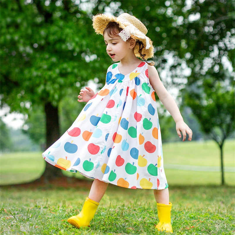 

Baby Girls Dresses 100% Cotton 2022 Summer Kids Clothes Sleeveless Fashion Fruit Apple Printed Thin Clothing 18M 7T Child Wear