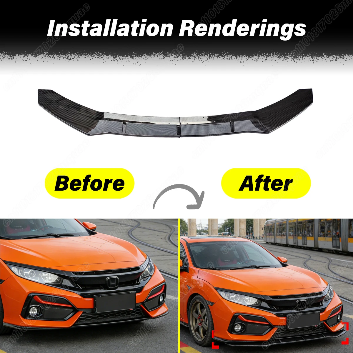 Фото Для Honda Civic 10-го поколения (хэтчбек) 2016-2020: Комплект декоративных защитных накладок на нижнюю часть переднего бампера №2