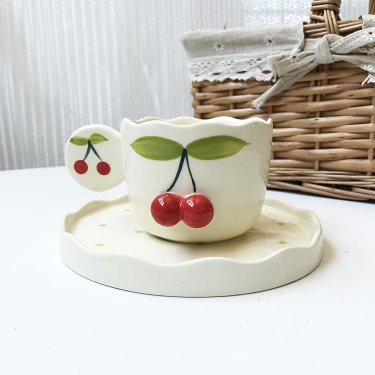 

Ceramic Girl Coffee Set Three-Dimensional Cherry Milk Cup Afternoon Tea Cup and Saucer Fresh Breakfast Dessert Set