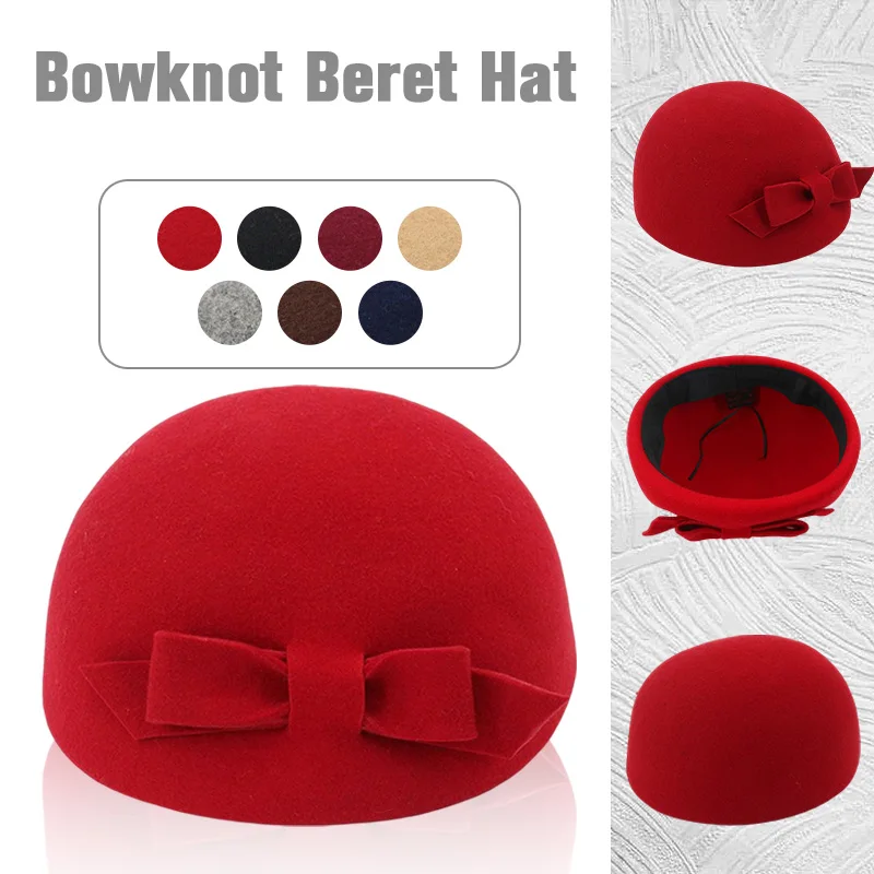 

New Bucket Cap Beret Women Wool Elegant Fedora Hat Ladies Bowknot British Solid Wedding Autumn Winter Classic Artist Cap Female