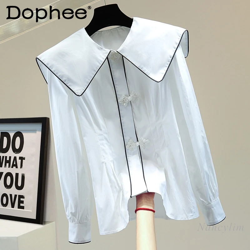 

Retro Buckle Bead Long Sleeve Shirt Women 2022 Spring and Summer Korean Style White Black Contrast Color Pleated Blouse Top