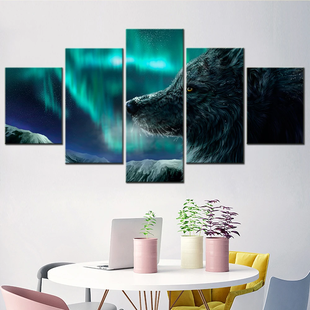 

Aurora Borealis Wolf Wall Art Canvas Set Landscape Painting Animal Poster Modern Room Decoration Teenager Bedroom Pictures