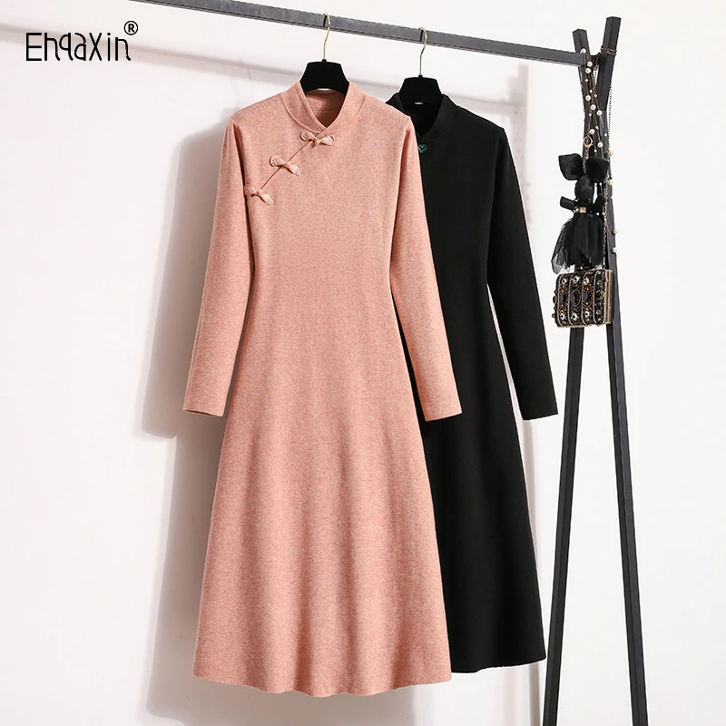 Женское трикотажное платье-Ципао EHQAXIN модное осенне-зимнее платье-свитер с