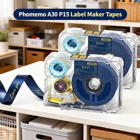 Атласные ленты Phomemo A30/P15 темно-синие с золотым принтом