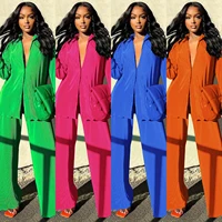 sexy solid pleated two piece set 2022 women casual lapel long sleeve shirts wide leg pants suits office lady 2 pcs outfits