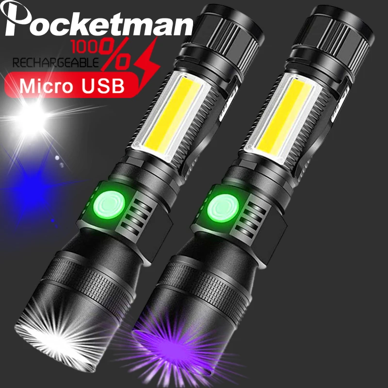 

Фонарик POCKETMAN ультрафиолетовые фонари 3 в 1, USB, перезаряжаемый, с УФ-подсветкой, 7 режимов, масштабируемый фонарик, УФ-фонарь, аккумулятор 18650