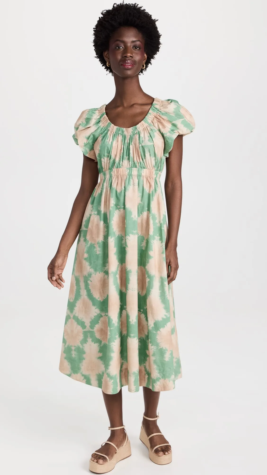 2023 New O Neck Short Lantern Sleeve Artistic Halo Dyeing Print Women Cotton Midi Dress