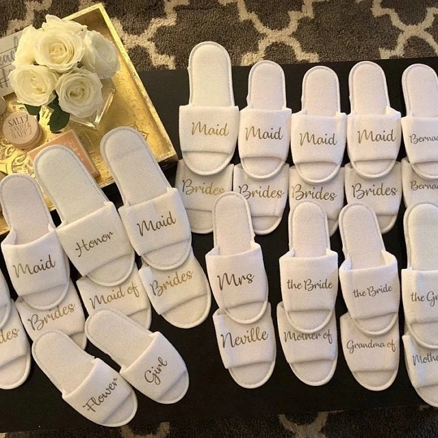 

Personalised any name Flower Girl Slippers Bridesmaid Gift, Bridal Party , Hen Weekend Wedding Open Toes Spa Slippers