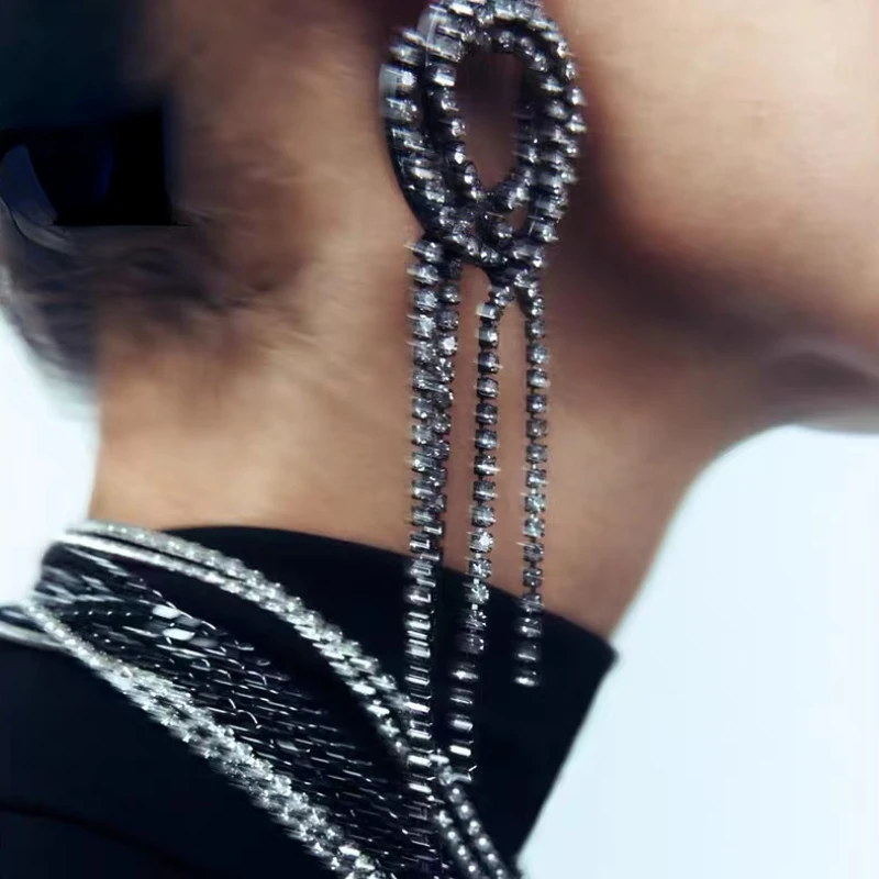 

New ZA Woman Long Rhinestone Tassel Party Earrings Jewelry