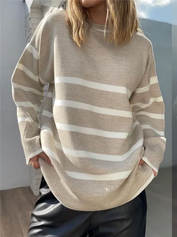Женский винтажный свитер в полоску, свободный Трикотажный Свитер оверсайз с круглым вырезом и длинным рукавом, Осень-зима 2023