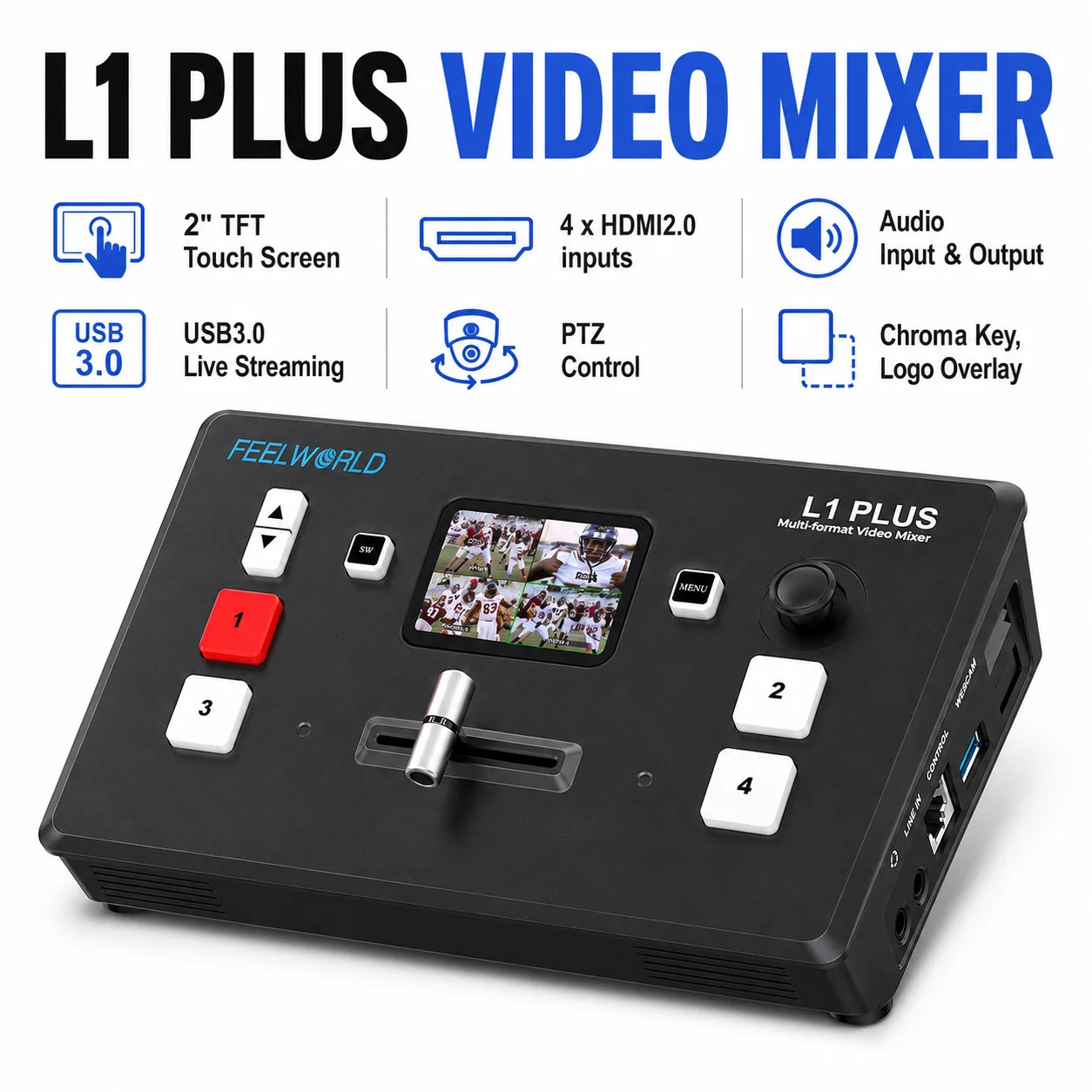 Фото Видеомикшер FEELWORLD L1 PLUS для нескольких камер, 4K-вход, 2-дюймовый сенсорный экран, управление PTZ, быстрая передача данных через USB3.0 №1