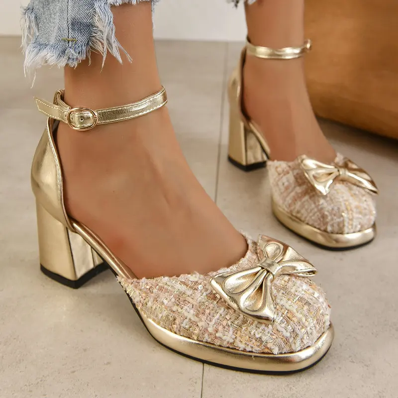 

Golden Silver Shiny Tweed Plaid Checked Bowtie Knot Closed Toe Lovely Girls Mary Janes Shoes Summer Square Chunky Heels Sandals