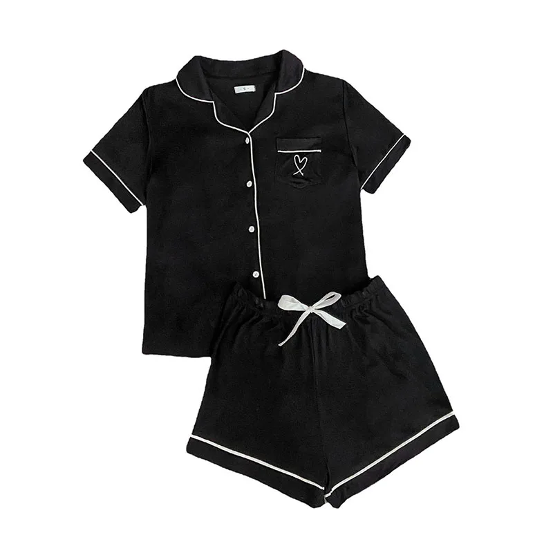 Women's Sleepwear 2 Pcs Sets Cotton Black Sleepwear Short Sleeve Button Shirt and Pants Pajamas Set