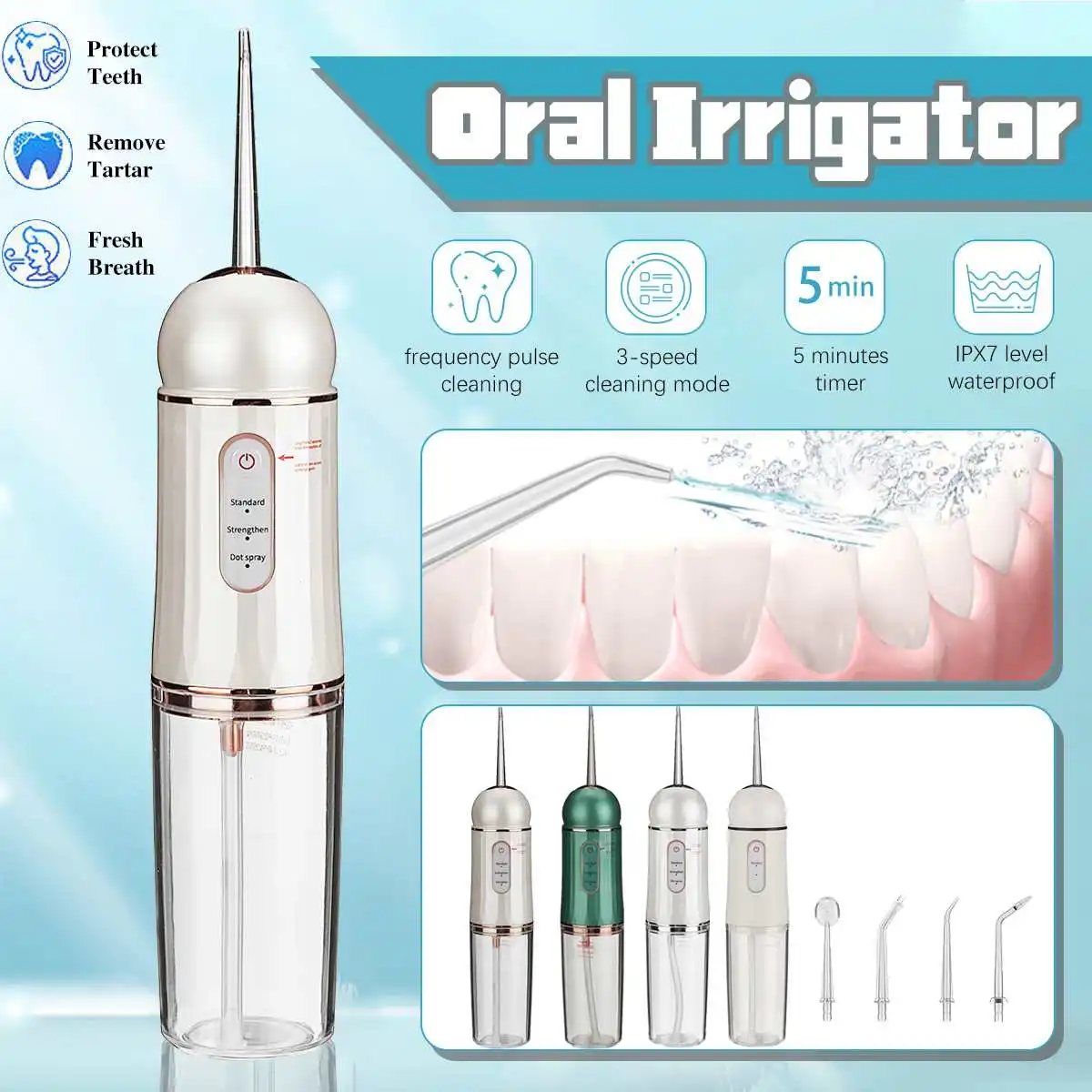 

230ML Portable and Rechargeable IPX7 Waterproof Water Flosser Dental Oral Irrigator 3 Modes (1 flosser with 4 Nozzles)