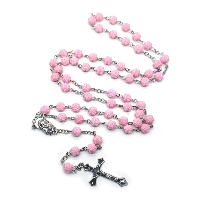 

QIGO Pink Plastic Rose Rosary Necklace Vintage Metal Jesus Cross Pendant Catholic Prayer Jewelry Religious Accessories