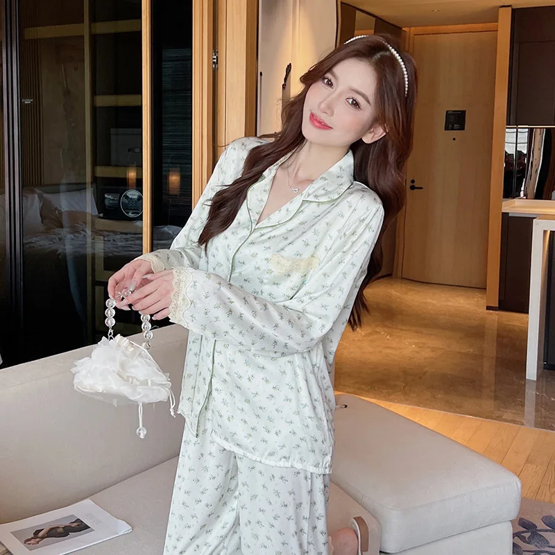 Women's Pajamas Spring New Ice Silk Long Sleeve Cardigan Suit Summer Large Size Xiaolanhua Homewear