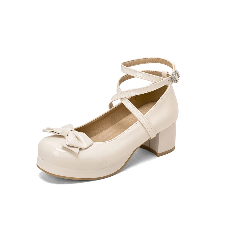 2023 Spring women pumps  plus size 22-26.5cm Rhinestone lace bow Ankle strap Lolita shoes cute mary jane shoes platform shoes