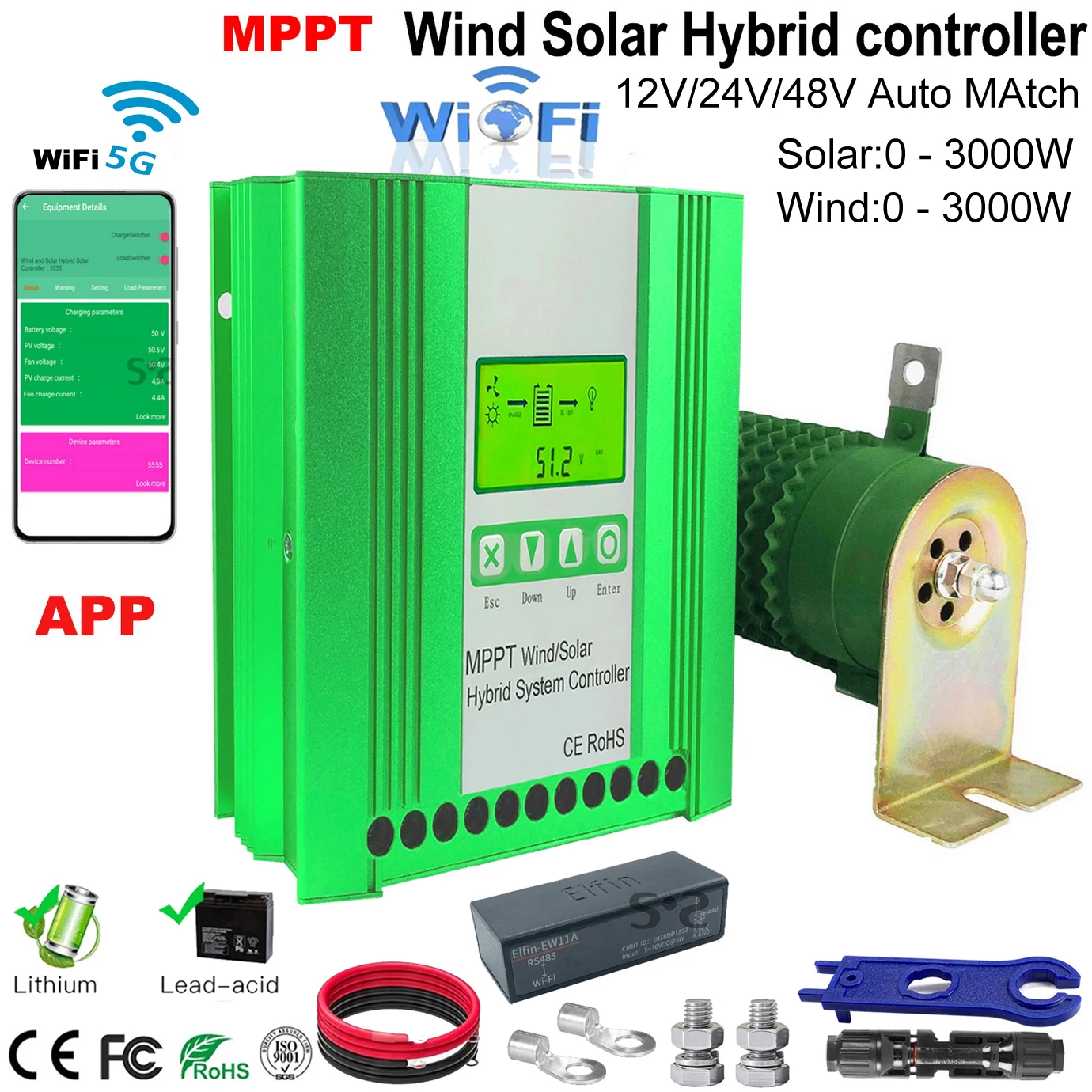 

2000W 4000W MPPT Hybrid Wind Solar Charge Discharge Booster Controller For 12V 24V 48V Lifepo4 Lithium Lead Acid GEL Battery