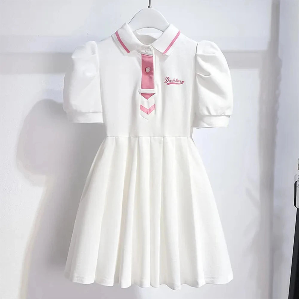 

Korea Girls Dress Summer Puff Sleeve Polo Collar A-line Dress Casual Preppy College Children Clothing Korean Uniform Dresses