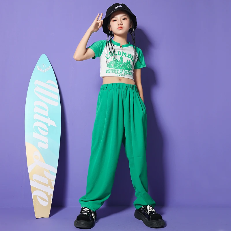 

Girls Teenage Kpop Streetwear Outfits Hip Hop Clothing Crop Tops Tshirt Green Baggy Pants For Kids Jazz Dance Costume Clothes